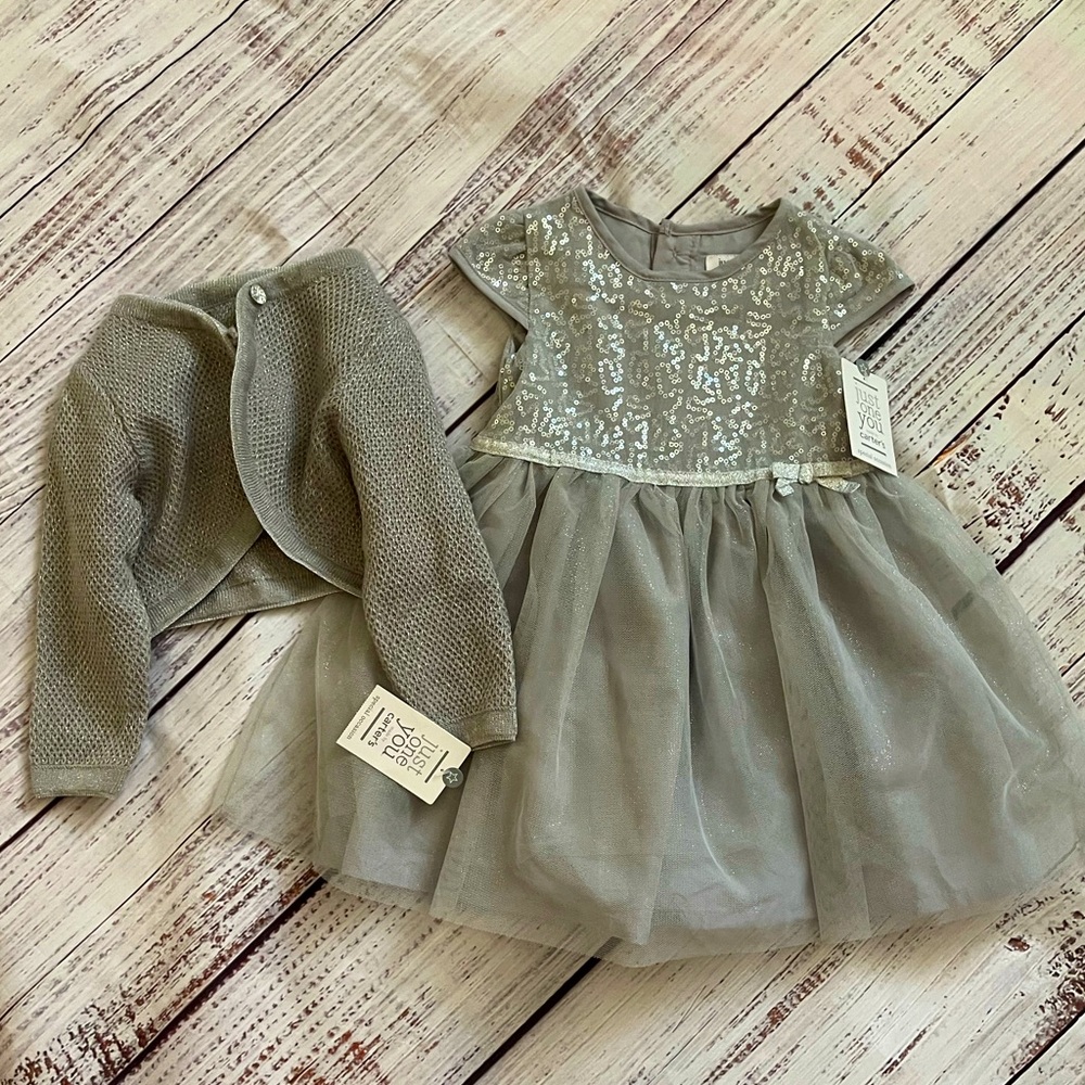 NEW! Carters Infant Toddler Girl Sparkly Dress With Cardigan